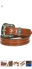 Western Studded Brown Belt with Brass Buckle Blue Accents for Men