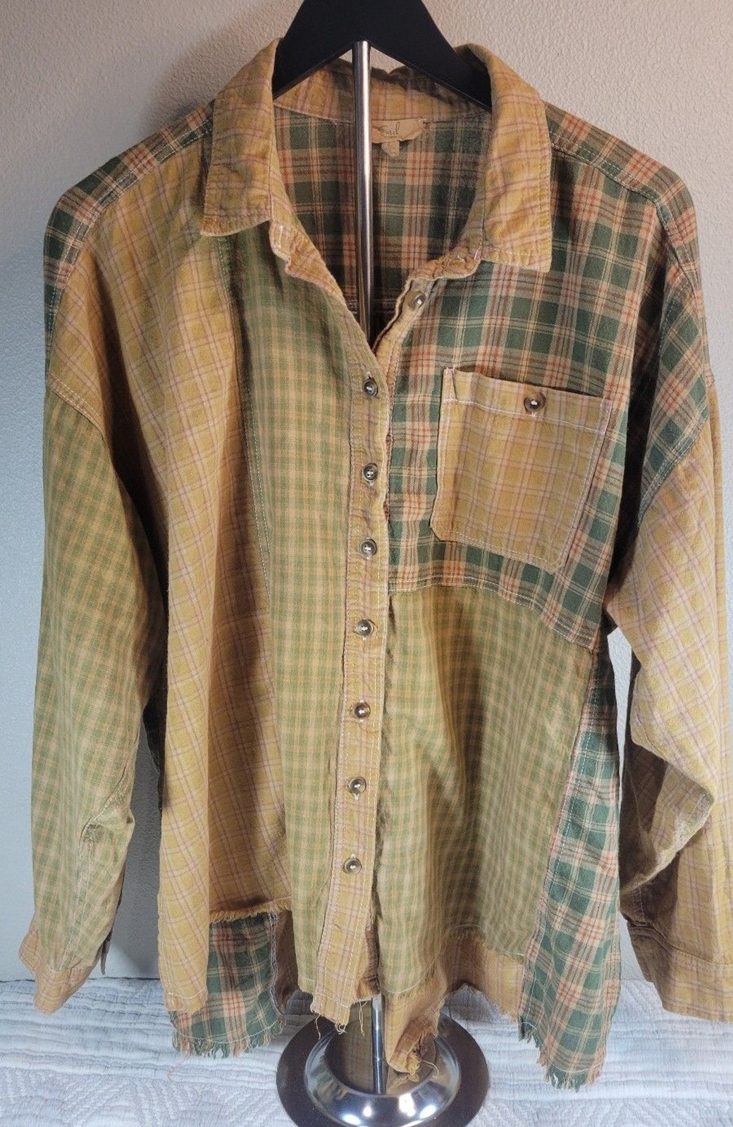 Easel Plaid Patchwork Distressed Hem Flannel Shir… - image 1