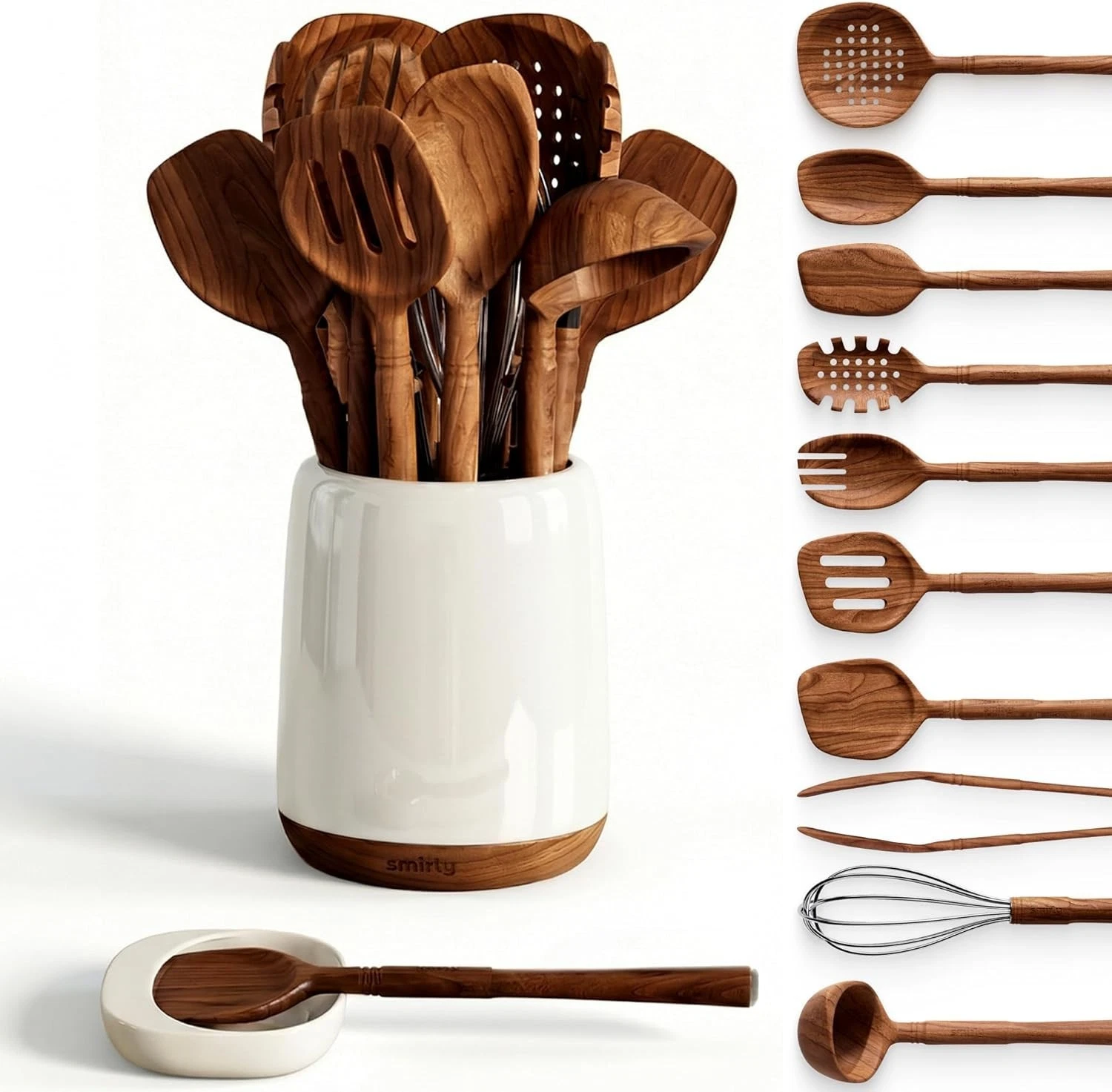 12Pc Walnut Wood Kitchen Utensils Set Ceramic Holder Spoon Rest Luxury