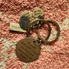 Silver Tone Metal Keyring with Engraved Teacher Theme Charm
