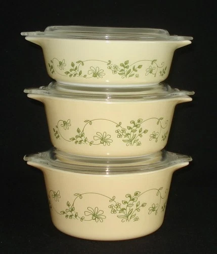 PYREX - 6 pc. Green & Yellow SHENANDOAH Casserole, Lid Set - #471, 472, 473