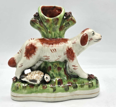 Antique 19th Century Staffordshire Porcelain Hunting Dog Spill Vase w/ Duck