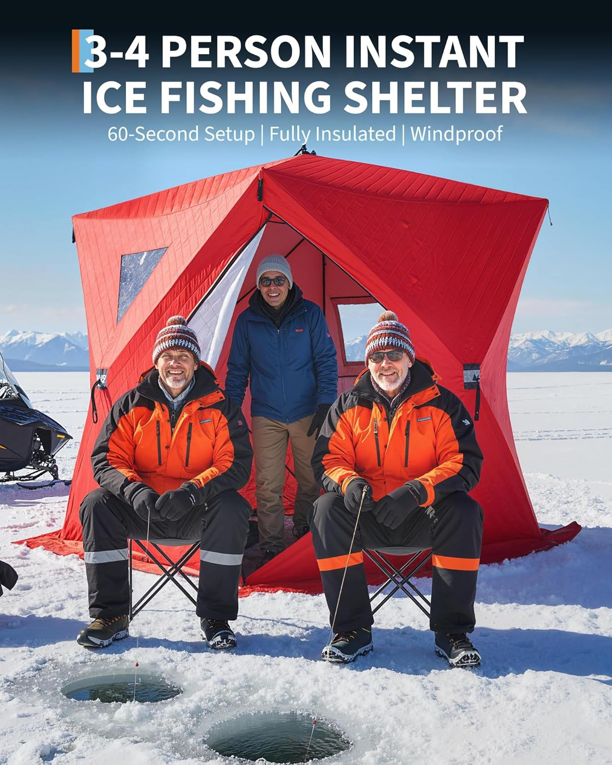 Insulated Pop-Up Ice Fishing Tent, 6-8 Person Portable Hub-Style Tent, Windproof