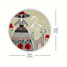 Retro Fantasy Flower Cat and Lady Design Round Aluminum Metal Art