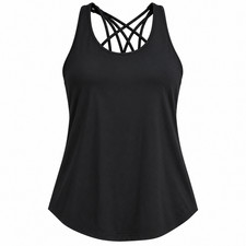 Women's Black Yoga Tank Top Built-In Bra Strappy Back Workout Shirt XS, S, L