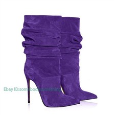 Womens Suede Pointed Toe Pleated High Stiletto Heels Fashion Mid Calf Boots Pump