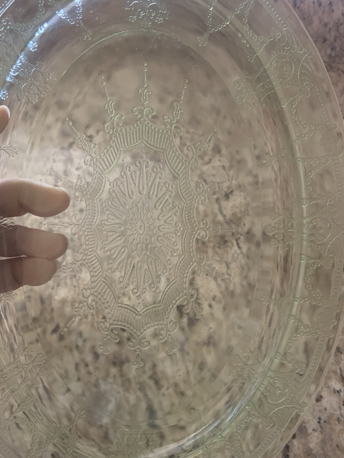 Vtg Anchor Hocking Cameo Ballerina Uranium Green Oval Serving Plater  12x8”