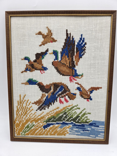 Duck Cross Stitch Framed Mallard Birds Pond Scene Rustic Wall Art VTG Hunting