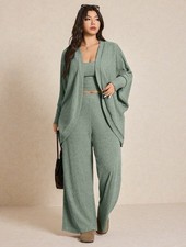 Womens 3pc Knit Lounge Set Green Cardigan Tank Square Neck Wide-Leg Pants OS