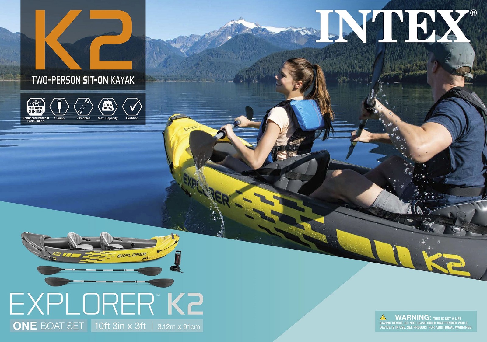 Intex Explorer K2 Inflatable Kayak Set 2 Person 10 ft 3in X 3ft X 1ft 8in