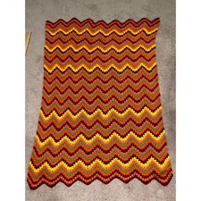 Vintage Orange Green Brown Chevron Pattern Crochet Afghan Throw Blanket 56"x38"