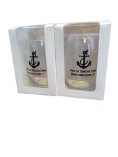 Spirit of Hilton Head, 2 Clear Stemless Wine Glasses, Anchor Design New in Box