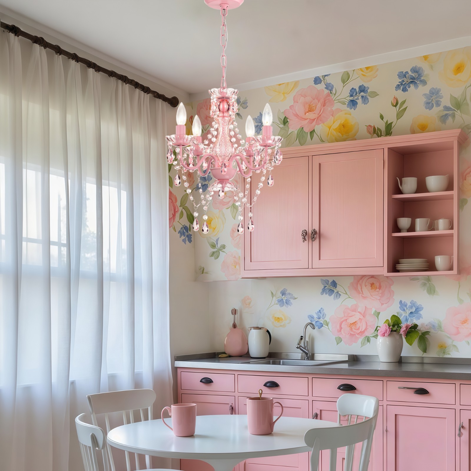 Pink Crystal Chandelier, Small 4-Light Acrylic Ceiling Lights for Girls Bedroom