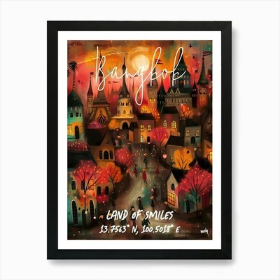 Bangkok, Land des Lächelns, folk naiv gerahmtes Wandbild Poster Leinwanddruck Bild