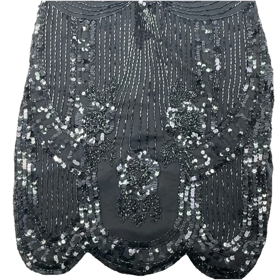 Lillie Rubin Vintage 80s Sequin Party Mini Dress Keyhole Back Black Silk Sz S - Image 3 of 4