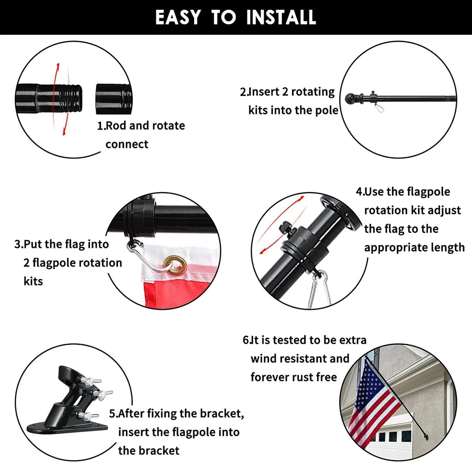 Kit de poste de bandera de 6 pies para porche de casa resistente + soporte con 2 anillos giratorios nuevo Foto 3 de 4