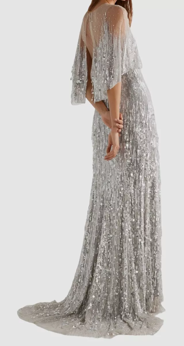 5995 Monique Lhuillier Women s Silver Sequin Illusion Gown Dress