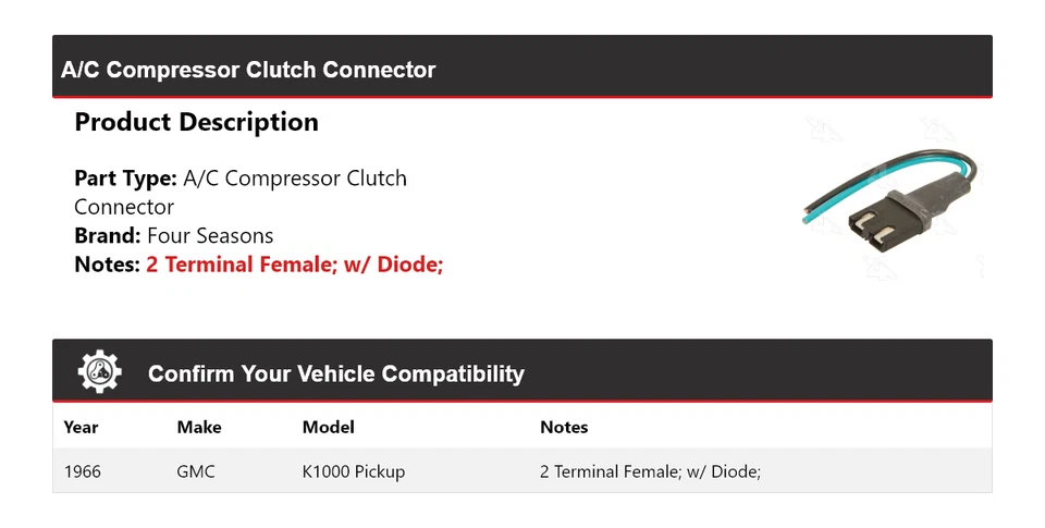 Conector de embrague compresor aire acondicionado camioneta GMC K1000 1966 4 estaciones Foto 2 de 4
