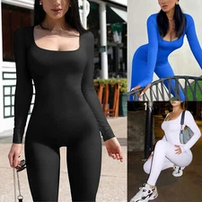 Womens Long Sleeve Romper Jumpsuit Bodysuit Stretch Leotard Autumn Clothing