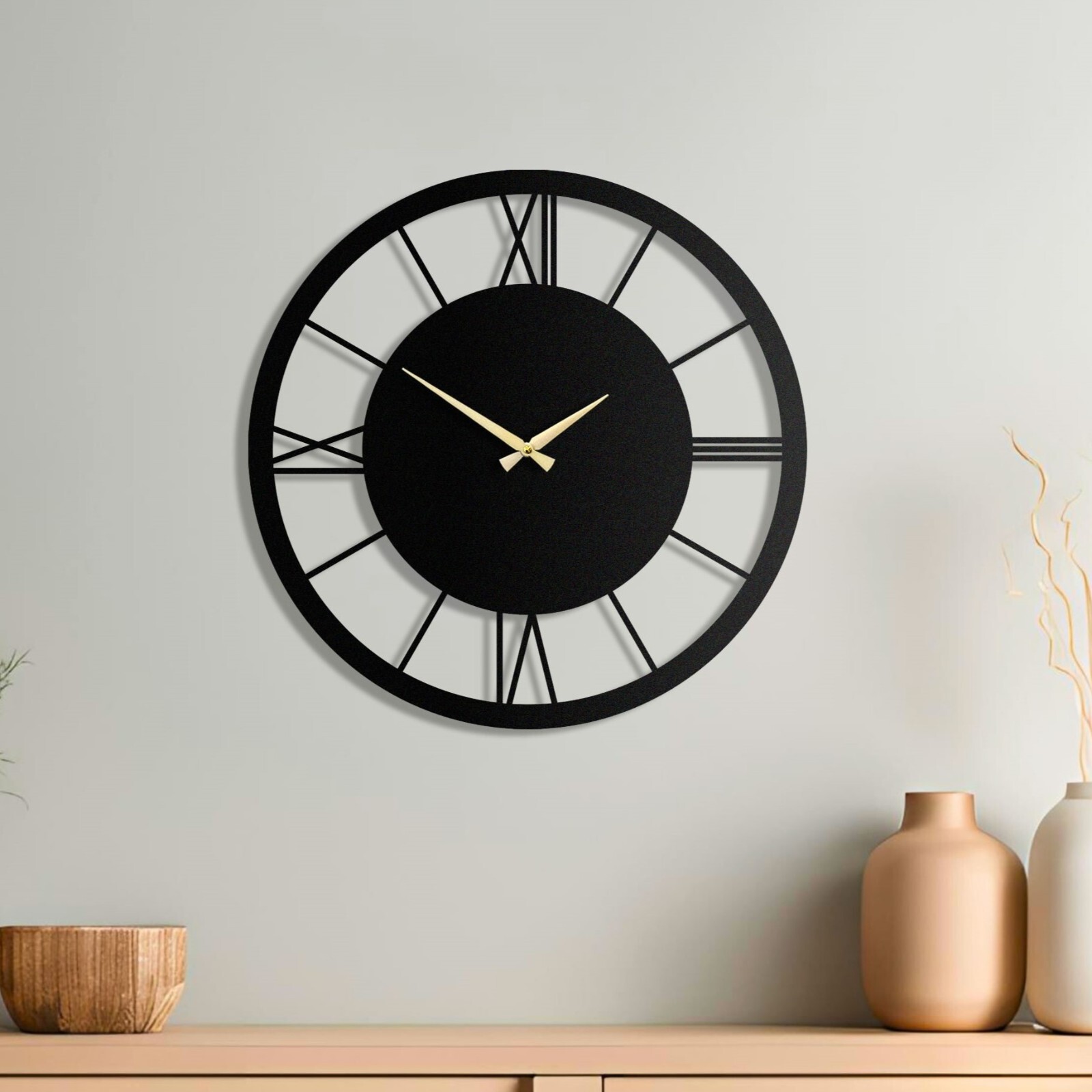 Black Roman Numeral Metal Clock, Round Wall Clock, Silent Non Ticking Clock