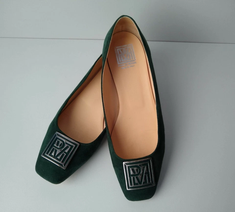 Pour La Victoire Verde Gamuza Ballet Italiano Plano Plateado Logo PLV Otoño Talla 8.5 Foto 2 de 4