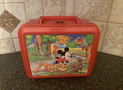 Vintage Aladdin Disney Mickey Mouse City Zoo Red Plastic Lunch Box