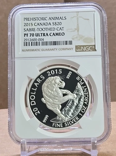 2015 CANADA $20 PREHISTORIC AMIMALS - SABRE-TOOTH CAT : NGC PF70 999 SILVER COIN