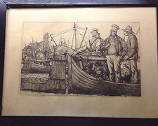 Fine Antique German FRITZ BOEHLE Etching Seaport Harbor Fisherman Fishing Boat