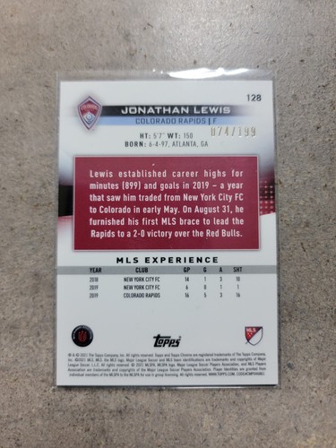 2021 Topps Chrome MLS Blue Wave Refractor Jonathan Lewis Colorado Rapids 74/199 - Picture 2 of 2