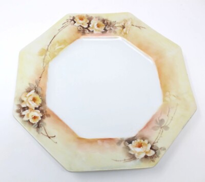 10.5'' OCTAGONAL HAND PAINTED YELLOW ROSES PORCELAIN PLATE SIGNED JEAN HELM