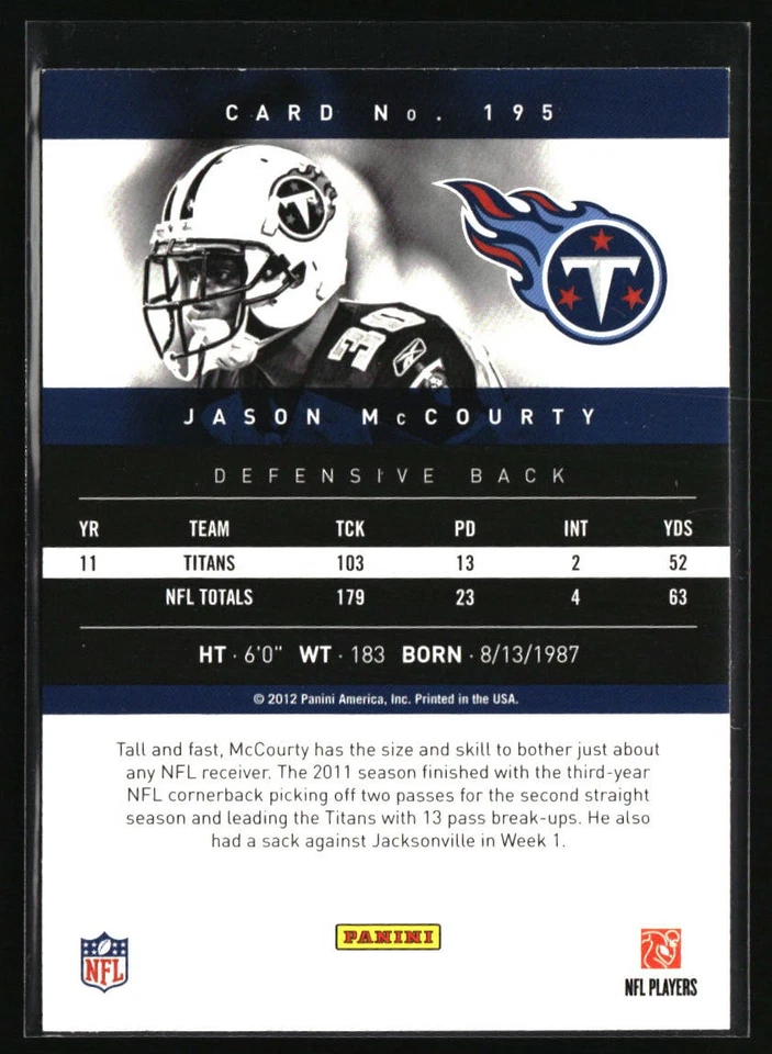 2012 Panini Prestige #195 Jason McCourty - Image 2 of 2