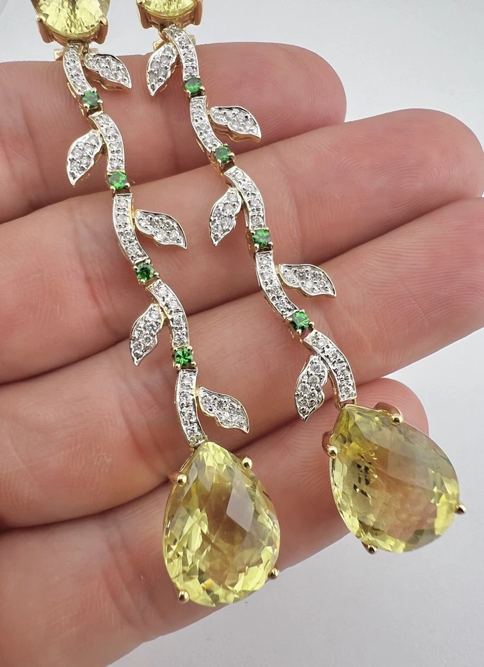 18k Yellow Gold Tsavorite Diamond Lemon Quartz Omega Back Dangle Earrings 3 1/8" - Image 4 of 4