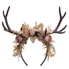 Pink Flower Antler Headband - Fairy Deer Antlers Headband for Woodland Renais...