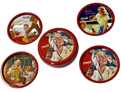 Vintage Coca Cola Metal Coaster set in metal case retro style