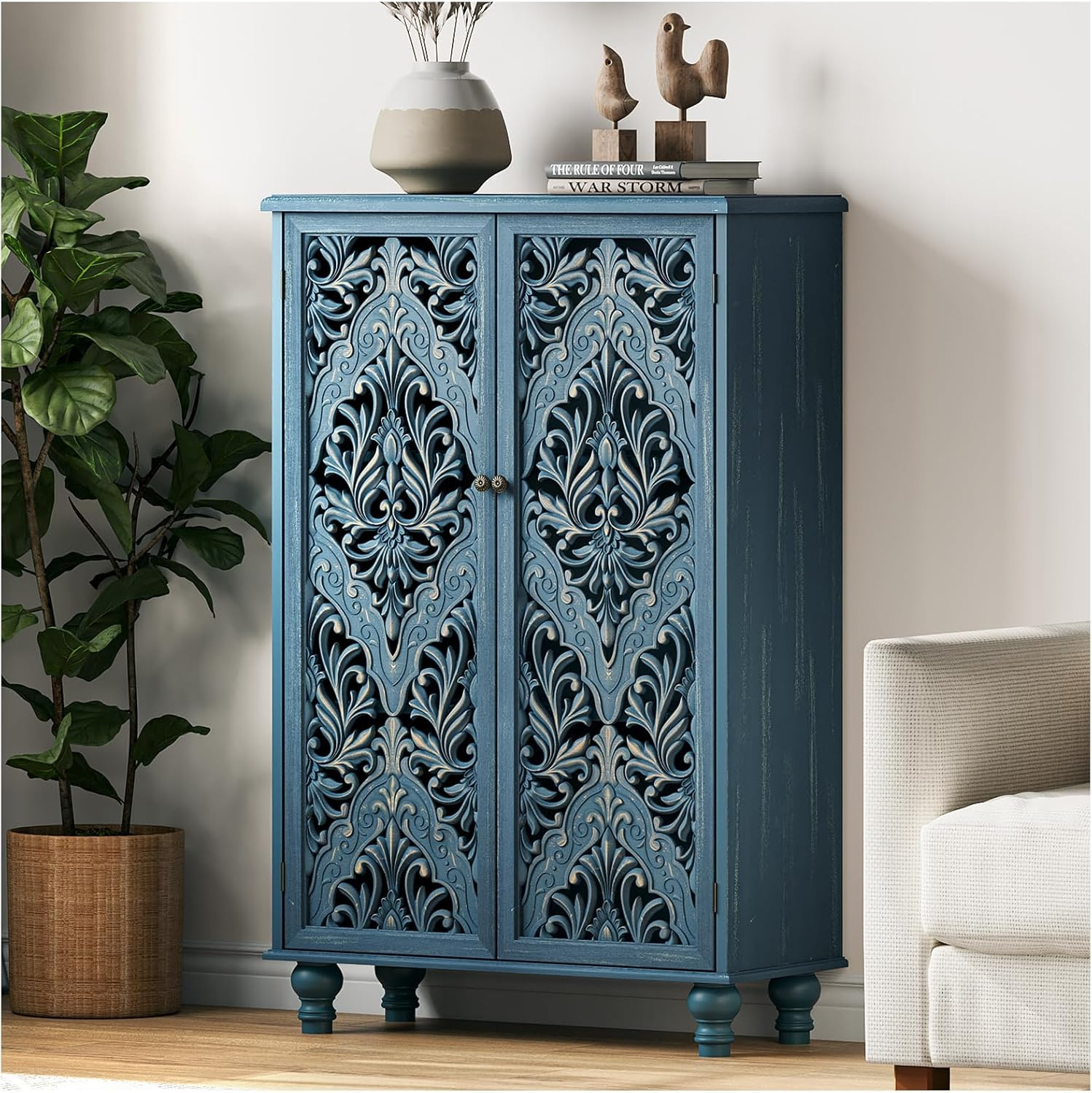 Stylish 47" Blue Accent Cabinet with Doors for Living Room &