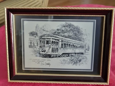 St. Charles Street Car New Orleans Sketch Drawing Print Don Davey Signed 7.75''