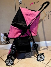 4 Wheels Pet Dog Cat Stroller with Storage Basket- Pink Color
