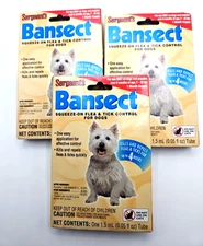 Lot of 3 Sergeant’s Bansect Squeeze-on Dog Flea & Tick Control- 7 to 33 lbs- NEW