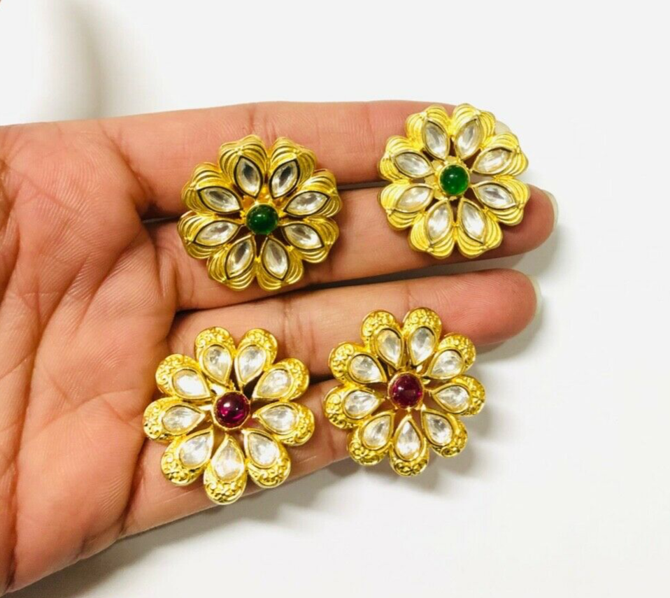 Pack Of 2 Gold Plated Floral  Stud Earring | Green & Pink Stone Earring for Her