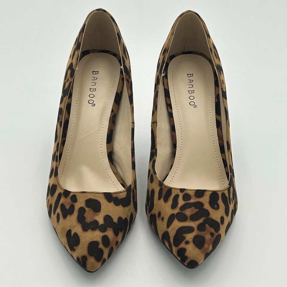 Zapatos de tacón alto de bambú para mujer con estampado de animales talla 8,5 M gamuza vegana leopardo twee usados en excelente estado Foto 3 de 4