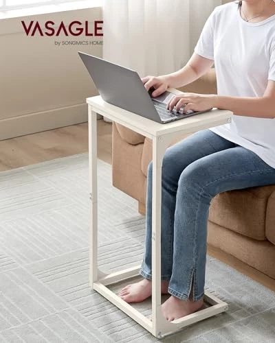  Mesa auxiliar en forma de C, mesa auxiliar para sofá, mesa de sofá con metal 1 blanco crema Foto 4 de 4