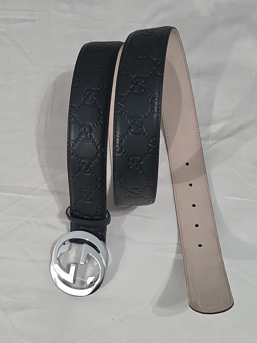 Authentic Gucci Black Leather Monogram Belt Silver GG Fits 36-38
