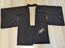 Vintage Japanese Kimono Haori Black Silk Feel Evening Jacket Embroidery