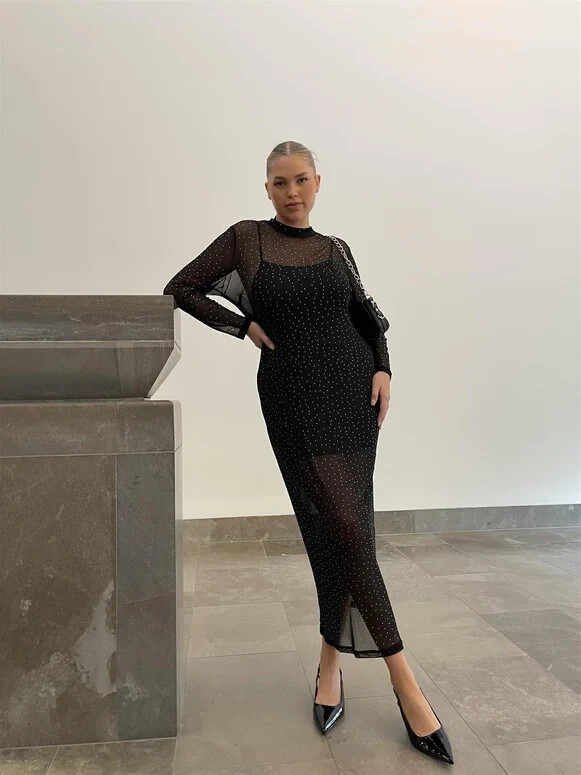 Curve Andi Mesh Bodycon Maxi-Dress -Black Diamante SKU: GC1047X, BNWT, Size  18. | eBay UK