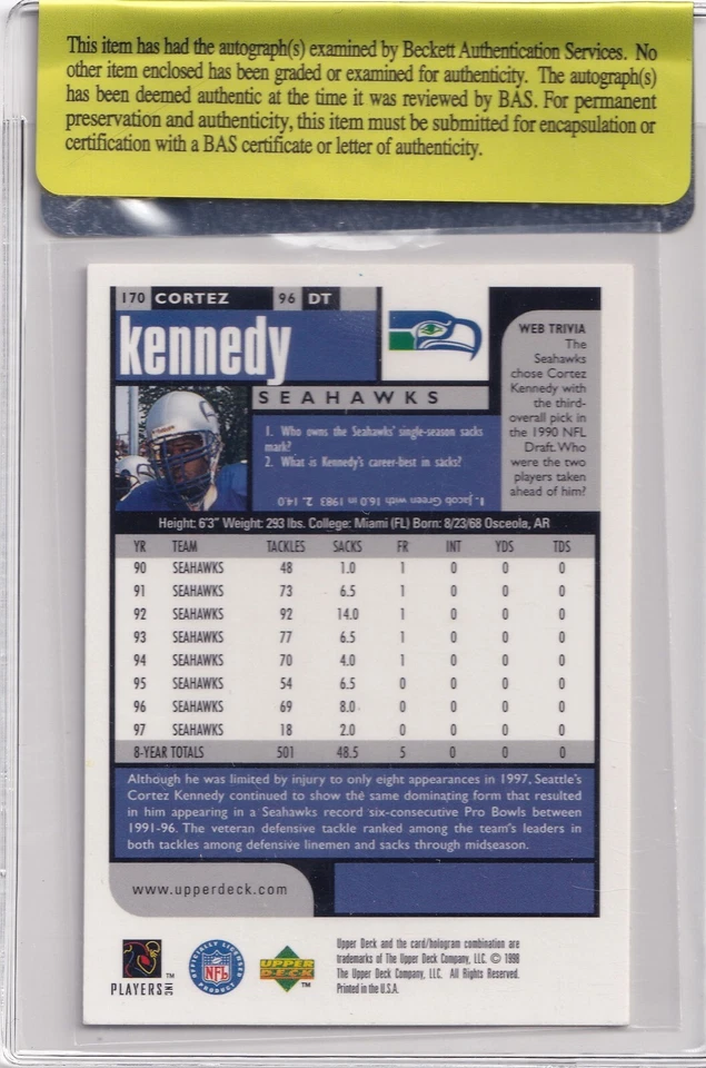 Футбольная карточка с автографом Кортеса Кеннеди 1998 UD Choice Seahawks No170 сертификат подлинности BAS - Изображение 3 из 4