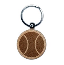 Tennis Ball Engraved Wood Round Keychain Tag Charm