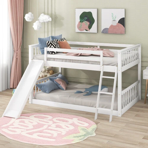 Twin Full Size Wood Bunk Bed with Slide Platform Bed Frame Floor Bed Bedroom Set