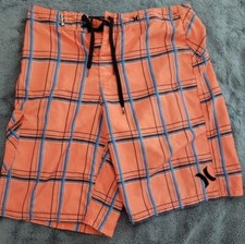 Hurley Hybrid Board Shorts Men's 32 Orange Plaid Surf Swim Skate Walk Shorts