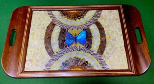 ANTIQUE UNIQUE HANDLED WOOD SERVING TRAY BEAUTIFUL BUTTERFLY