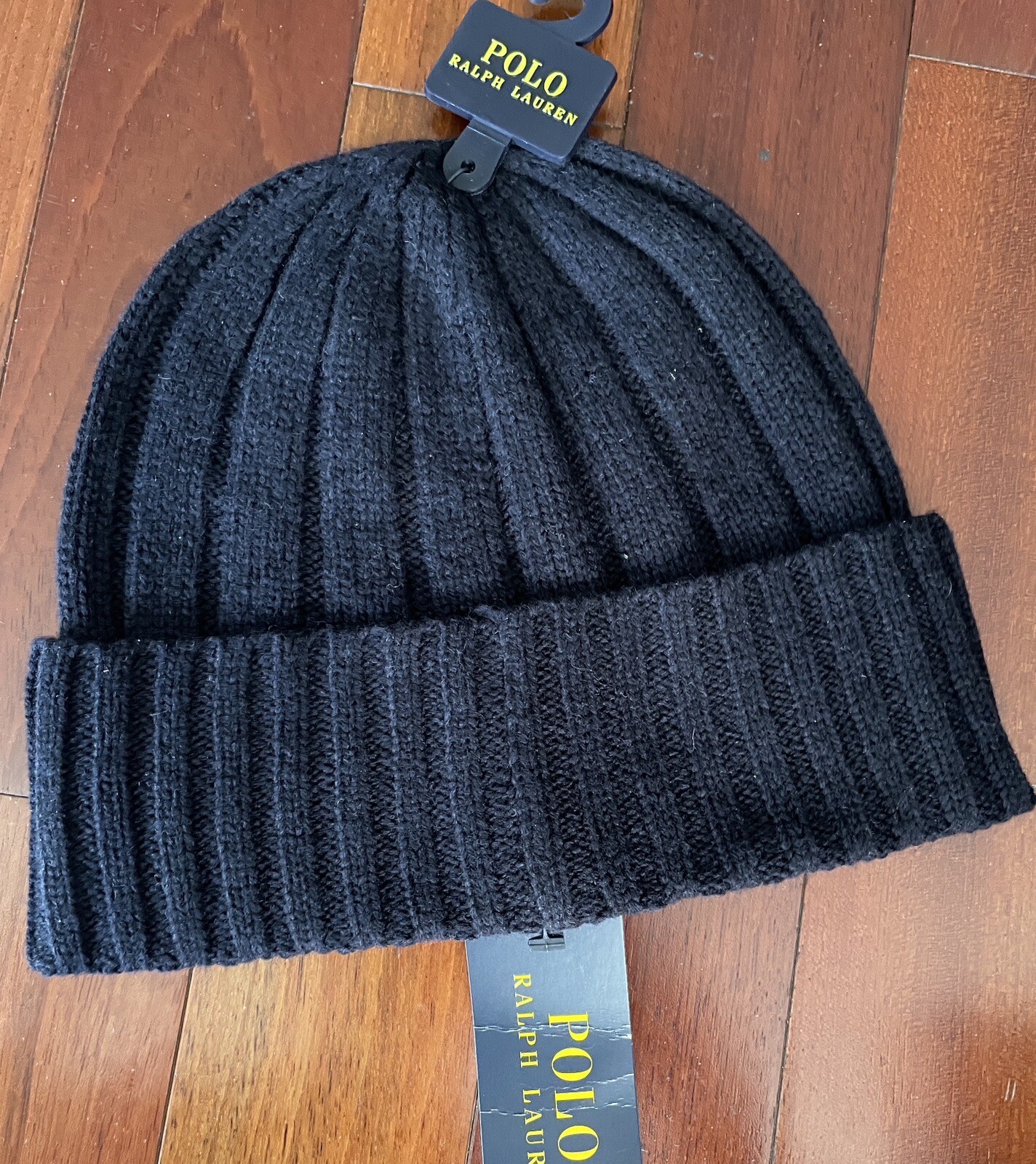 Nuova polo RALPH LAUREN blu navy lana merino rosso pony logo a costine berretto a polsini